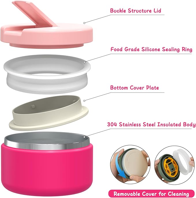 Bento Lunch Box Kids with 8oz Soup Thermo, Leak-Proof Lunch Containers with 4 Compartment, Thermo Hot Food Jar and Insulated Lunch Box for School Pink