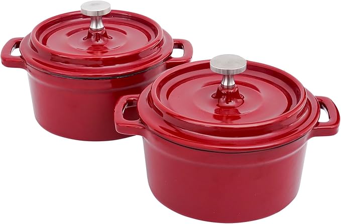 Mini Cocotte 16 oz Mini Dutch Oven 0.5 qt. Cast Iron Garlic Roaster for Oven Garlic Confit Pot Ramekins with Lids Oven Safe Set of 2, Red