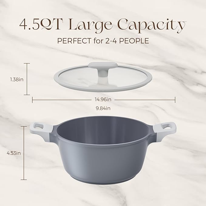 PRICUSIS Ceramic Nonstick Stock Pot with Silicone Rim Glass Lid, 4.5/7QT Soup Pot Casserole, Cooking Pot, Induction Compatible, Dishwasher Safe, Ideal for Pasta & Stews, PTFE PFOA Free, Blueberry Gray