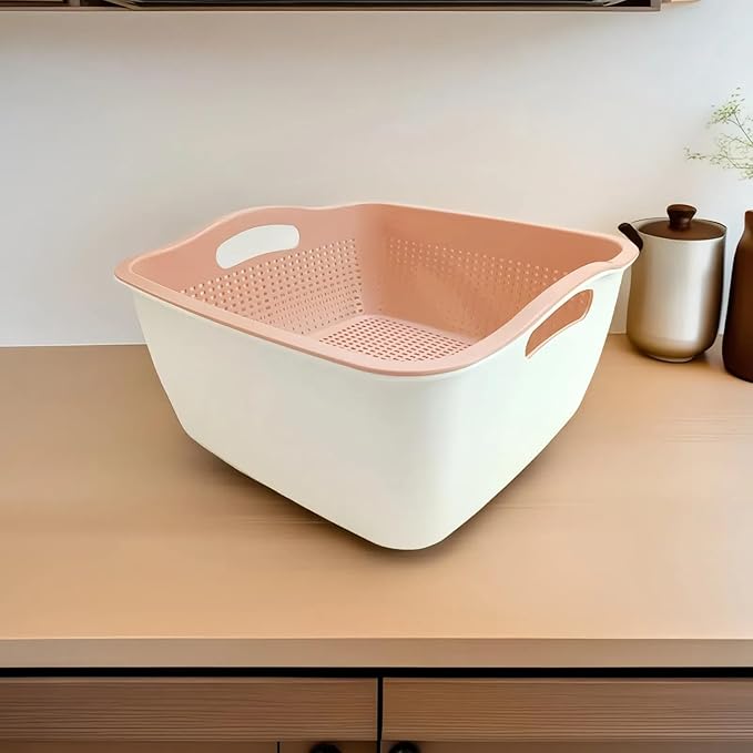 Kitchen Colander Drain Basin 2 in 1 Plastic Basket Strainer Bowl with Handle (white/pink)