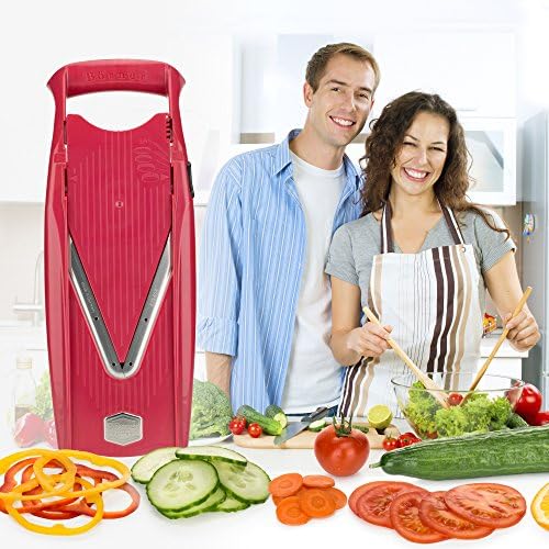 Swissmar Börner VPower V-Slicer Mandoline – Professional Kitchen Tool with Adjustable Thickness – Precision Food Slicer for Vegetables, Julienne & Shredding – Includes Safety Holder & Inserts - Red