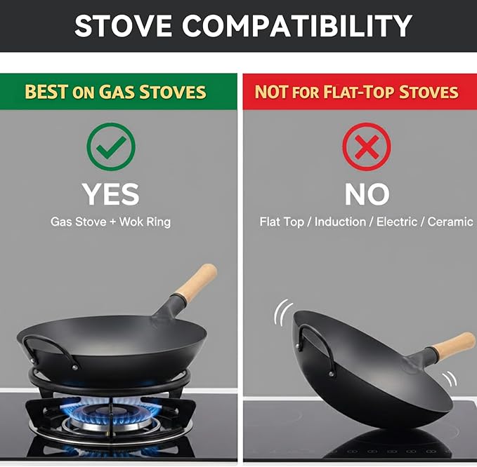 WANGYUANJI 13.4" Carbon Steel Wok - Round Bottom (Fits Wok Burner OR Flat Gas Stove with Ring) - Nitriding Iron Pow Wok (No Coating, Heavy Duty & Durable)