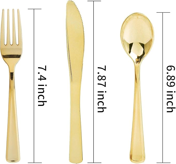 WDF 120 Pieces Gold Plastic Silverware - Disposable Flatware Set - Heavy Duty Plastic Cutlery - Silverware Includes 40 Forks, 40 Spoons, 40 Knives for Party Birthday Baby Shower Wedding Spring