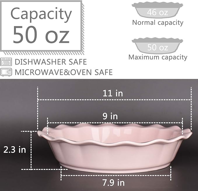 Bosmarlin Ceramic Pie Pan, 9 Inches Pie Dish, 50 oz, Pie Plate for Baking, Microwave, Oven Safe and Dishwasher safe (Pink, 9 inches)