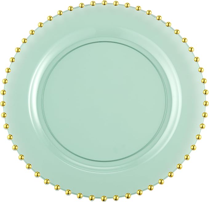 PLASTICPRO 64 Piece Combo Plastic Dinner Plates Disposable Plastic Fancy Heavy Duty Party Dishes 7 inch and 10 inch, Translucent Green and Gold Beaded