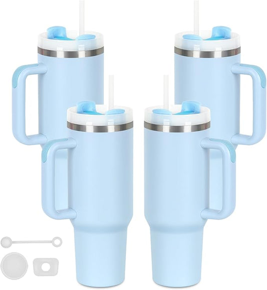 4 Pack 40 Oz Tumblers with Handle Bulk, Double Wall Vacuum Insulated Stainless Steel Tumblers with Lid and Straw, 40 oz Cups with Silicone Spill Proof Stopper Set (Sky Blue)