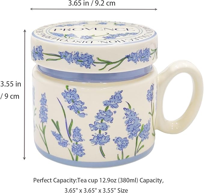 12.9oz Ceramic Coffee Mug with Lid,Flower Patterned Porcelain Mug,Ceramic Tea Cup Coffee Latte Mug for Office and Home,Blue,1 Piece
