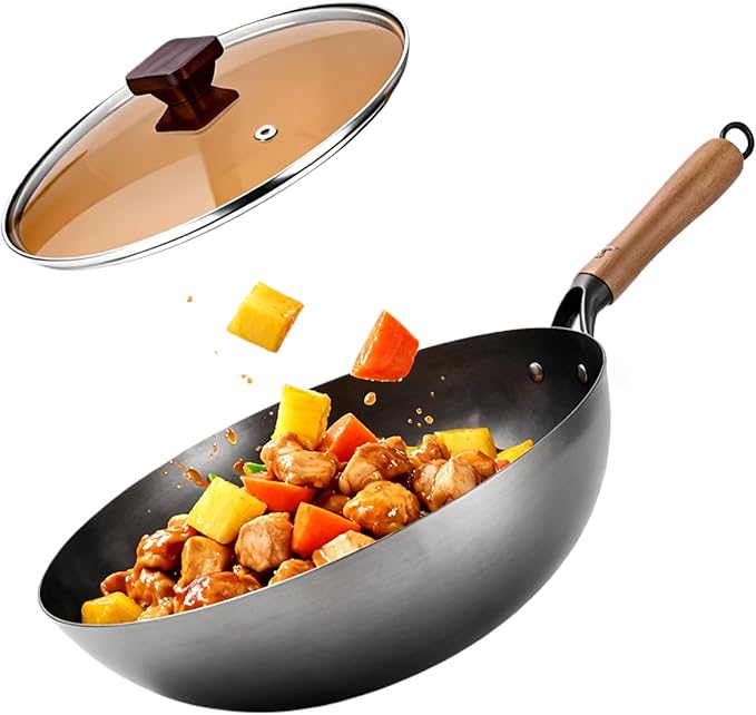Calmabode 13" Pre-Seasoned Round Bottom Carbon Steel Wok with Lid - Hand-Forged Commercial Grade Chinese Wok for Gas Stovetops, Fast Even Heating, Toxin-Free Cooking