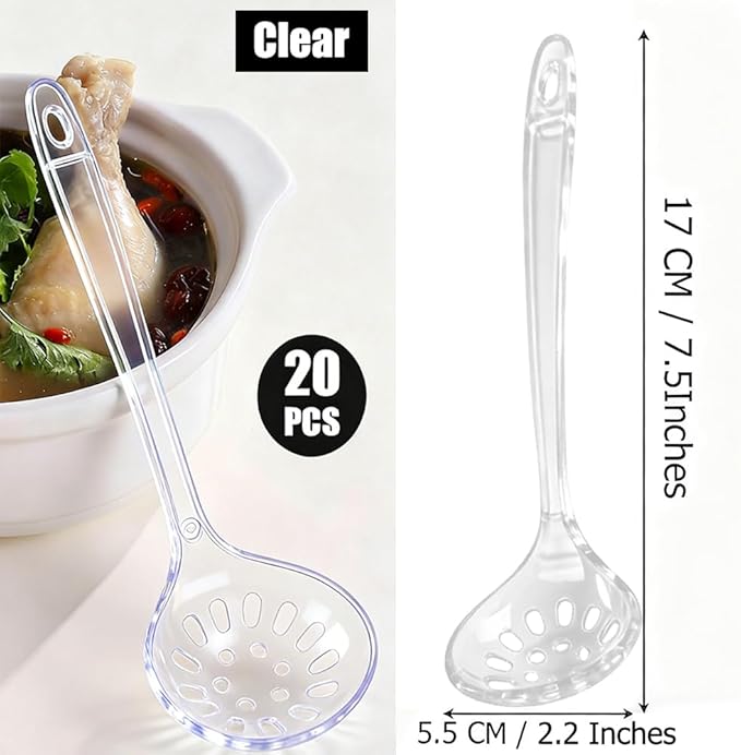 Large Plastic Serving Spoons,Disposable Heavy Duty Serving Spoons,Long Handle Scoop Soup Rice Ladle for Party Catering Buffet Restaurant,20 Pieces (Clear Colander)