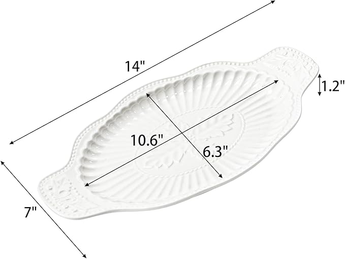 Suwimut 2 Pack Porcelain Oval Serving Platters, 14 Inch Large Embossed White Serving Plates for Entertaining, Oven Safe Stackable Ceramic Dinner Tray for Fish, Meat, Appetizers, Fruits, Dessert
