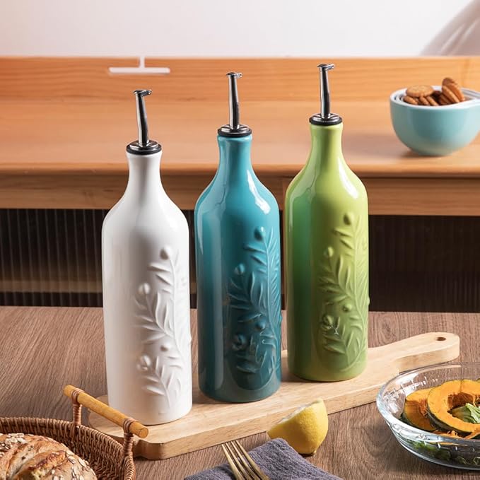 Sweejar Large Olive Oil Dispenser Bottle, 24 Oz Ceramic, Modern Relief Design, Dishwasher Safe, White