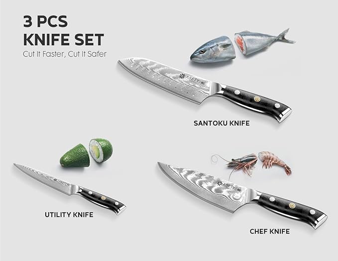 Damascus Knife Set 3 PCS: Japanese Kitchen Knives with VG10 Steel Core, Ultra-Sharp Professional Chef Knife Set, Full Tang G10 Handle, NSF Food-Safe, Elegant Box for Men Him Husband