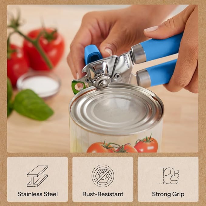 GORILLA GRIP Heavy Duty Stainless Steel Smooth Edge Manual Can Opener and Bottle Openers, Soft Comfortable Handle, Oversized Handheld Turn Knob, US Designed Multifunctional Kitchen Tool, Aqua