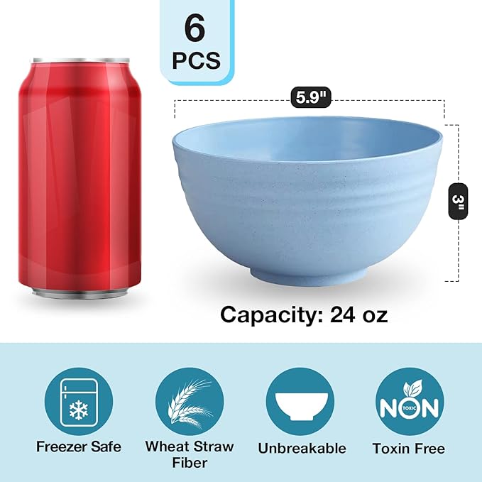 Unbreakable Cereal Bowls Set of 6, 24 OZ Made from Wheat Straw, Microwave & Dishwasher Safe, BPA-Free, for Dessert, Cereal, Serving, Soup, Oatmeal, Pasta, Salad, Lightweight Soup