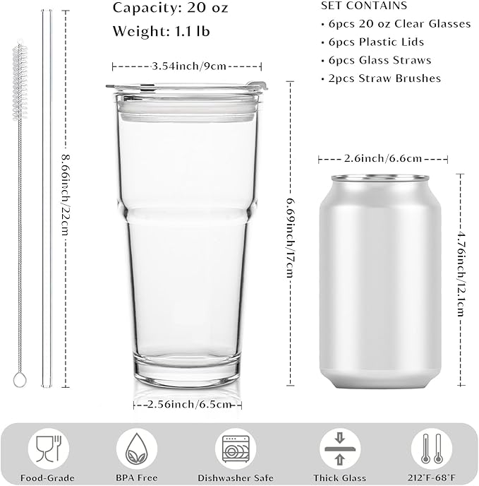 INSETLAN 20oz Clear Glass Cup with Lid and Glass Straw, Set of 6 Thickened Glass Coffee Tumblers, Drinking Glasses with Straw for Smoothie, Tea, Milk, Whiskey, Water and More – Elegant & Durable