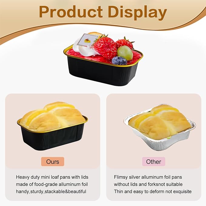 Mini Cake Pans With Lids And Spoons,5.5 oz Rectangle Mini individual Loaf Pans Disposable Aluminum Foil Small Baking Cups Tins (200, Black)