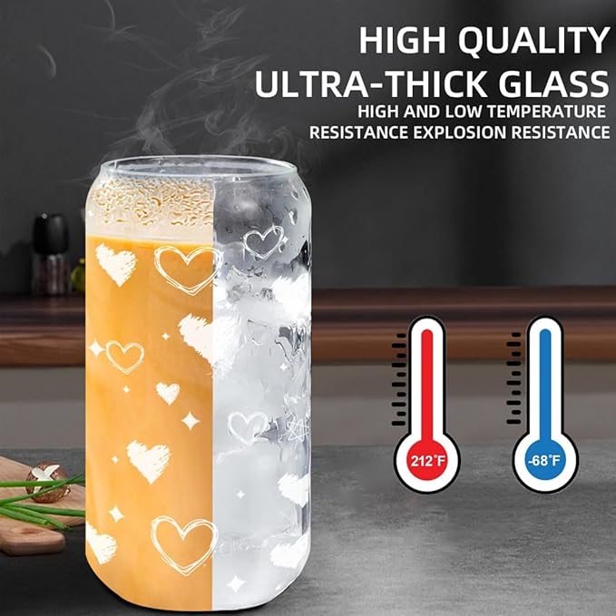12pcs Glass Cups with Lids and Straws – 16oz Heart Pattern Drinking Glass Set – Reusable Iced Coffee Cups with Bamboo Lids, Glass Straws & Brushes – Party Drinkware for Girls, Roommates, Family