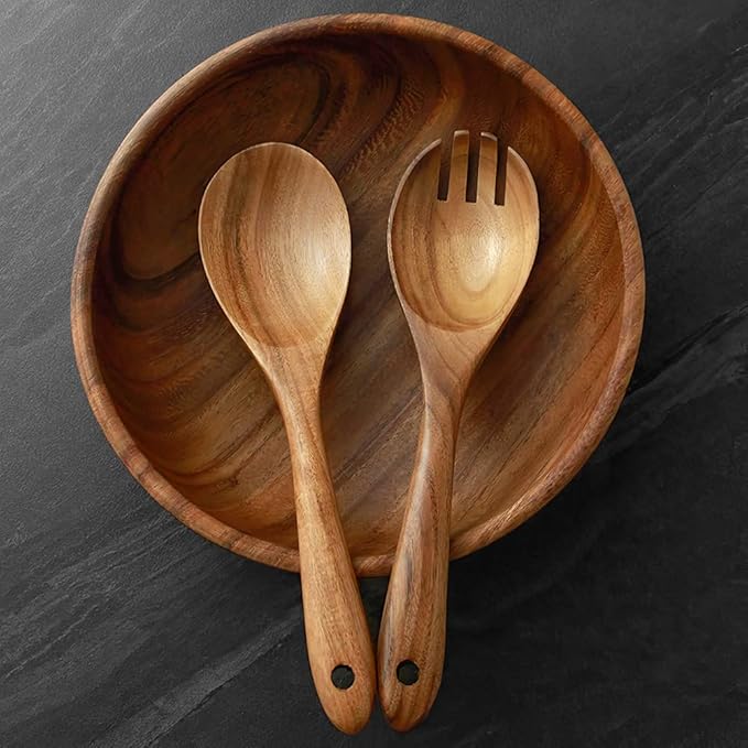 AOOSY Large Wooden Salad Bowl, Acacia Wood Salad Bowl with Salad Tongs, 9" x 2.8" Round Fruit Serving Bowl Set for Mixing Fruits Cereal Pasta,Set of 3