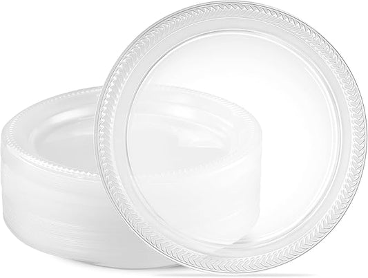 PLASTICPRO 80 Pack Clear Plastic Plates 9 Inch Durable Disposable Plastic Dinner Plates for Parties Events BBQ