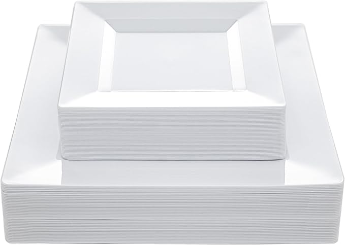 N9R 60PCS White Square Plastic Plates, 30 Dinner & 30 Dessert Plates Heavy Duty, Fancy Disposable Plates for Party, Wedding and other Events