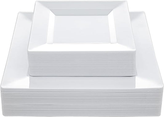N9R 60PCS White Square Plastic Plates, 30 Dinner & 30 Dessert Plates Heavy Duty, Fancy Disposable Plates for Party, Wedding and other Events