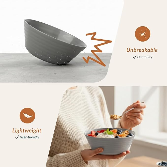 Homienly Wheat Straw Bowls 50 OZ, Reusable Unbreakable Large Cereal Bowls Soup Bowl Set, 6 PCS Microwave Safe Bowl for Kitchen, Camping, Family Dinner, Ramen, Popcorn - Black Grey