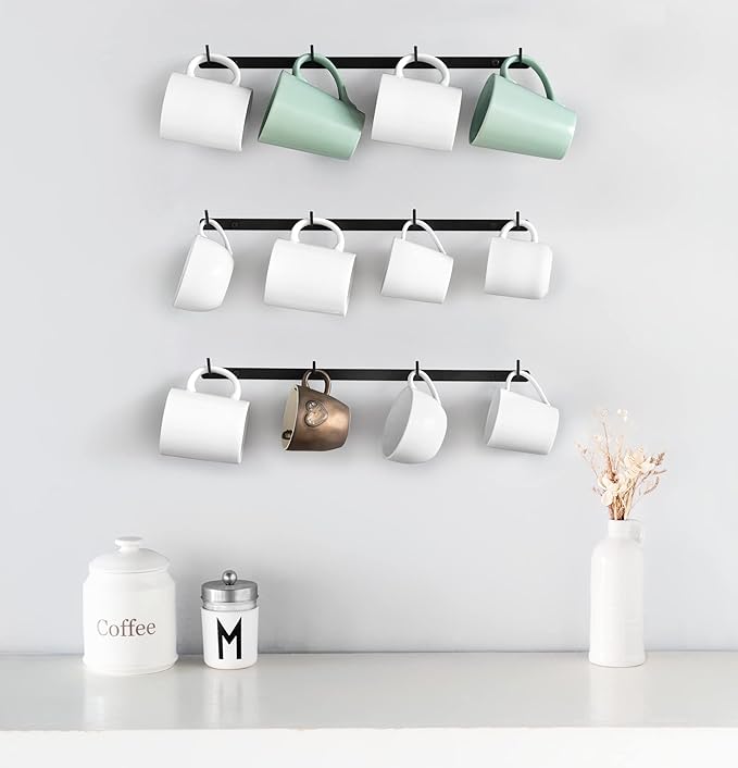 Dahey Metal Coffee Mug Rack Wall Mounted with 12 Mug Hooks, Set of 3, Mug Display Rack Cup Holder Storage for Kitchen Dining Room Coffee Bar, Black