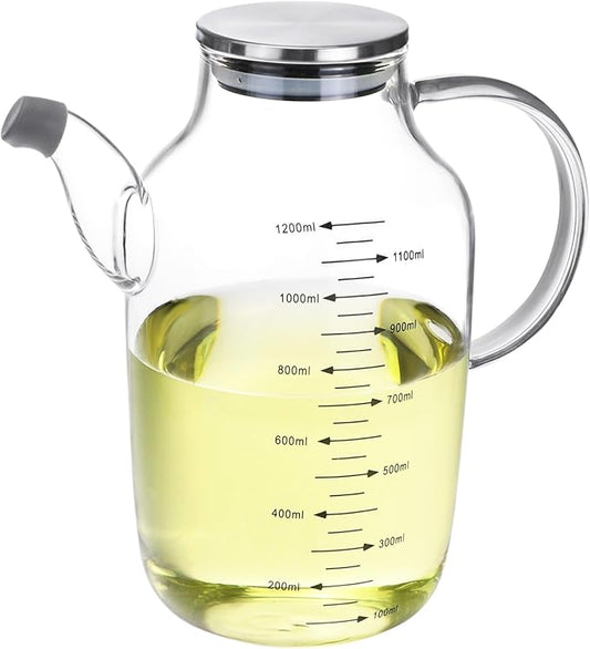 QWORK 1200ML/40Oz Large Glass Cooking Oil Bottle with Stainless Steel Lid, Oil & Vinegar Dispenser Bottle for Olive Oil, Vinegar, Soy Sauce, Kitchen No Drip Liquid Container
