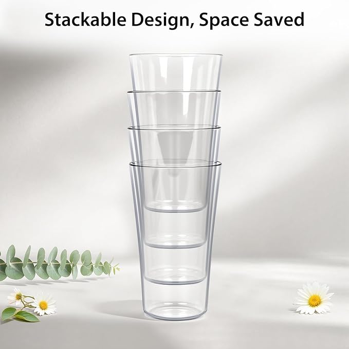 20oz Unbreakable Drinking Glasses (Set of 8), All-Clear Reusable Drinking Cups, BPA-Free, Shatter-Proof, Dishwasher & Microwave Safe, Stackable Plastic Tumblers for Home, Outdoor, Camping, Pool