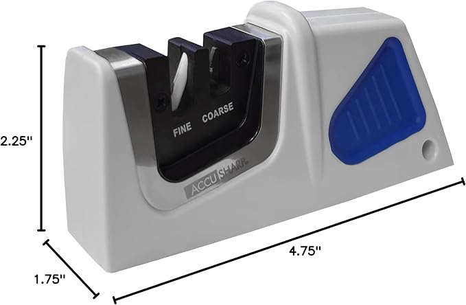 AccuSharp Compact Pull-Through 2-Stage Knife Sharpener, Repairs & Restores Kitchen Knives, Hunting Knives, Straight or Serrated Blades, Diamond-Honed Tungsten Carbide, Fine Ceramic Rods, White/Blue