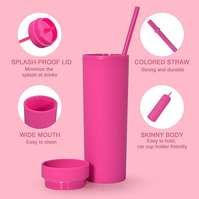 sweet grain Skinny Tumblers with Lids and Straws(6 Pack) - 16oz Matte Pastel Colored Skinny Acrylic Tumblers, Double Wall Plastic Tall Skinny Tumblers Bulk for Cold Hot Drinks - Rose Red