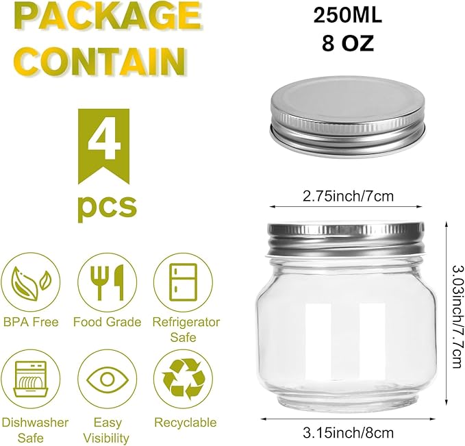 Glass Mason Jars, 4 Pack 8oz Clear Small Canning Jars with Lids for Sealing, Ideal for Food Storage, Snacks, Candies, Jam, Honey, Wedding Favors, Premium Spices & Bathroom Vanity Decor