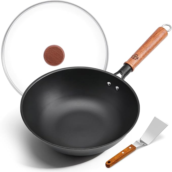 WANGYUANJI Carbon Steel Wok Pan - 10 Inch Nitrided Rust Resistant Stir Fry Pan, Flat Bottom Deep Iron Skillet with Lid, Lightweight Induction Cookware for 1-2 People, No Chemical Coating (26cm)