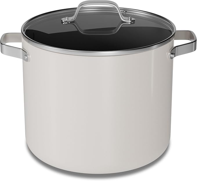 Bakken 16 Quart Ceramic Coated Stock Pot with Lid, Easy Clean Nonstick Pot, Tempered Glass Lid, Riveted Stainless Steel Handles, Oven Safe Up To 500°F, PTFE & PFAS Free, All Stove Compatible, Cream
