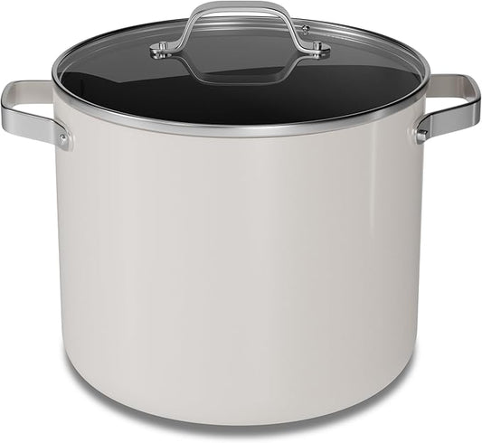 Bakken 16 Quart Ceramic Coated Stock Pot with Lid, Easy Clean Nonstick Pot, Tempered Glass Lid, Riveted Stainless Steel Handles, Oven Safe Up To 500°F, PTFE & PFAS Free, All Stove Compatible, Cream