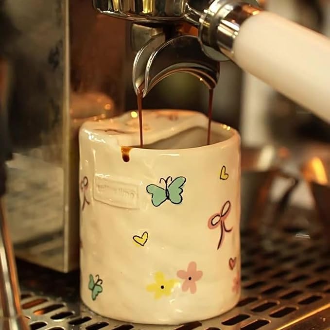 Ceramic Coffee 10oz Mug Hand-Painted Espresso Cup，Retro Ceramic Travel Mug For Kitchen, Dining-Green，Microwave Safe (Colorful Butterflies)