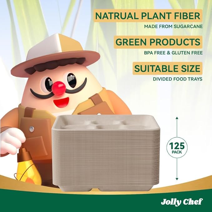 JOLLY CHEF Small Compostable 5 Compartment Paper Plates 10 * 8.25 * 1 inch 125 Pack Disposable Eco-Friendly Biodegradable Food Trays for Primary and Secondary School Students’ Lunch (Brown)