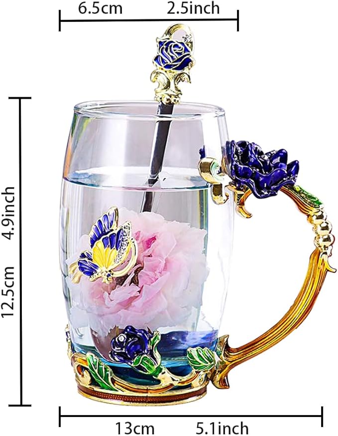 Enamel Glass Tea Cup Blue Rose Coffee Mug,Personalized Gifts for Birthday Mothers Day Anniversary Christmas For Mom,Women,Wife,Coworker,Friend,Female,Sister,Girlfriend,Grandma