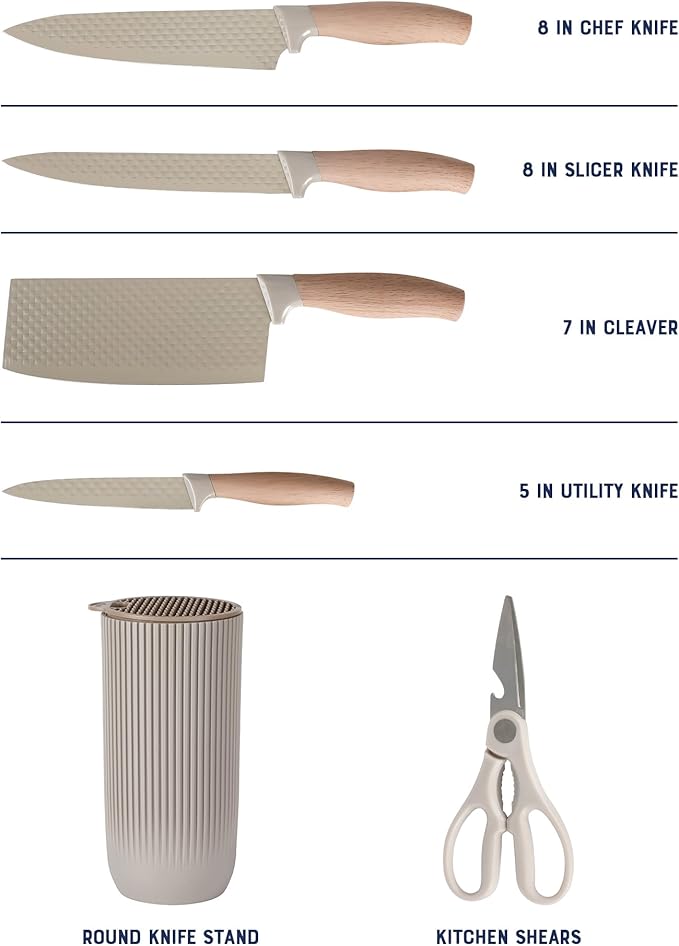 Oster Gunderson 6-Piece Kitchen Knife Block Set, Stainless Steel Kitchen Knife Set With Sharp Blades and Wooden Block