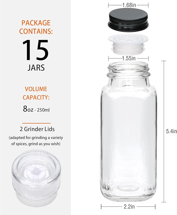15 Pack 8oz Glass Spice Jars with Grinders, Square Spice Bottles with Deeper Shaker Lids & Airtight Metal Caps, Seasoning Containers with Labels for Spice Organization, Fits Cabinet, Spice Rack