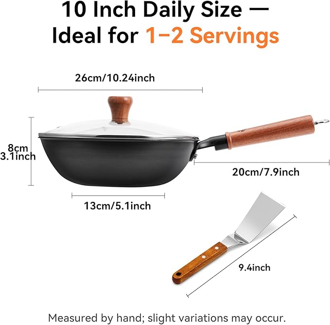 WANGYUANJI Carbon Steel Wok Pan - 10 Inch Nitrided Rust Resistant Stir Fry Pan, Flat Bottom Deep Iron Skillet with Lid, Lightweight Induction Cookware for 1-2 People, No Chemical Coating (26cm)