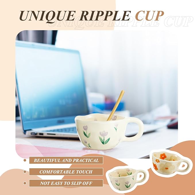 Vesici 2 Pcs Ceramic Coffee Mugs with Spoon, Vintage Floral Spring Mugs with Handle, 8.5 oz Aesthetic Flower Porcelain Tea Cup Set, Dishwasher & Microwave Safe for Home Office Gift(Charming)