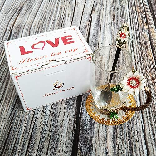 Enamel Sunflower Crystal Lead-Free Glass Tea Cup with Spoon Set, Present for The Christmas, Valentine's Day.Best Present for Mother, Grandma, Girlfriend, Sister.
