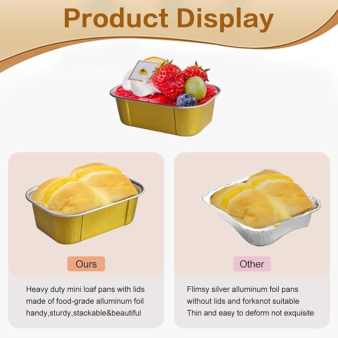 Mini Cake Pans With Lids And Spoons,5.5 oz Rectangle Mini individual Loaf Pans Disposable Aluminum Foil Small Baking Cups Tins (100, Gold)