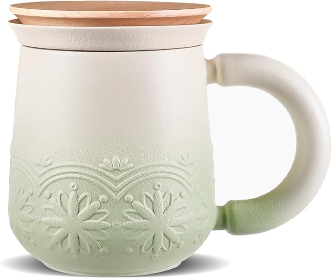 ZENS Tea Mug with Infuser and Lid, 11 oz Embossed Ceramic Loose Leaf Tea Steeper Cup, Wood Lid & Fine Strainers, Loose Tea Diffusers for Tea Lovers Gifts, Pale Green
