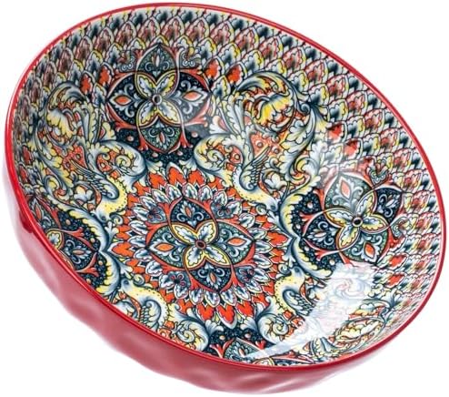 Large Serving Bowls, 75 Oz Fruit Salad Bowls, Bohemian Style Large Porcelain Dishes for Entertaining Parties,Big Bowls for Eating Soup, Salad, Pasta, Fruit, Chips, 10.3 Inch Diameter (red)
