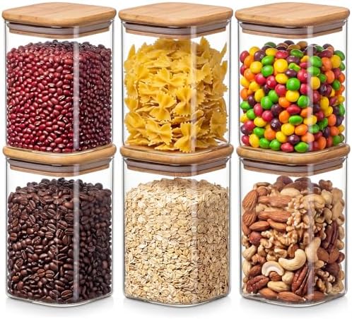 6-Pack 1.2Qt Square Glass Storage Jars with Bamboo Lids