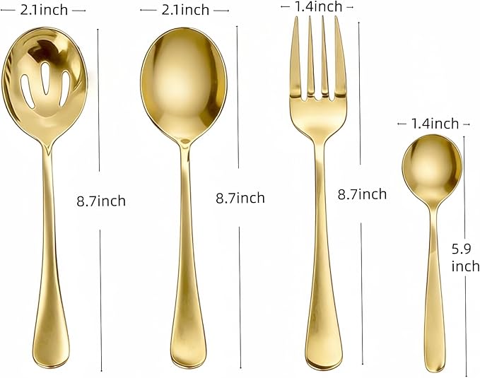 8 PCS Serving Utensils,8.7 Inch Large Serving Spoons,Slotted Spoon,Forks,Mini Coffee Spoons,Stainless Steel Serving Sets for Buffet Catering Banquet Party,Dishwasher Safe (8 Pcs(Gold))