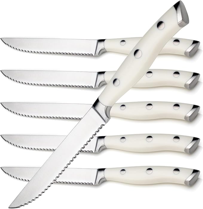 Alata 6-Piece White Steak Knives Set, Stainless Steel Steak Knife set with Serrated Edge, Razor-Sharp, Full-Tang Construction