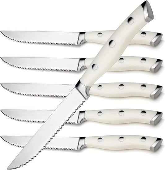 Alata 6-Piece White Steak Knives Set, Stainless Steel Steak Knife set with Serrated Edge, Razor-Sharp, Full-Tang Construction